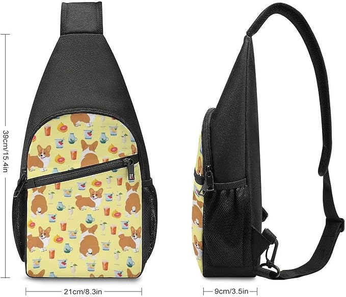 SWEET TANG Polyester Shoulder Sling Bag Multipurpose Casual Sport Daypack Unbalance Backpack with Small Pocket and Smooth Zipper, Shiba Inu Yellow Print Dog And Beverage
