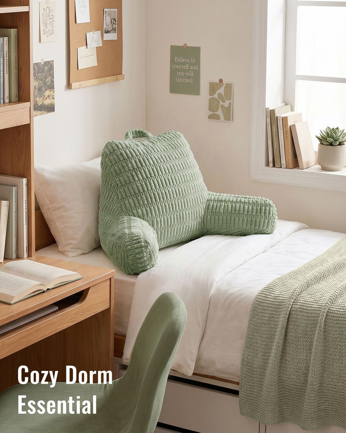Blissful Diary Reading Pillow, Backrest Pillow with Shredded Memory Foam for Adult & Children, Designed for Bed and Couch Sitting Up, Includes Arms, Pockets and Washable Cover, Sage Green