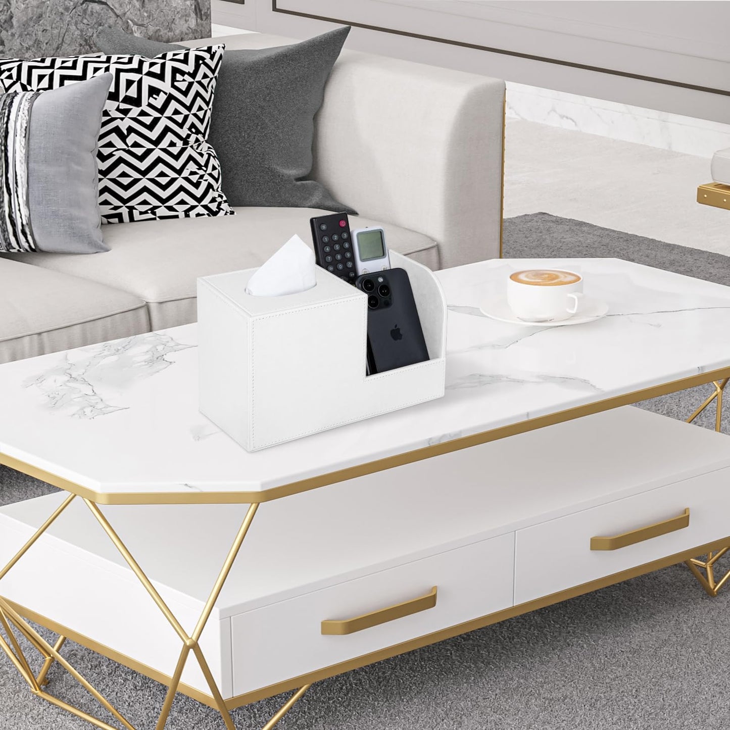 JLAMBOM PU Leather Tissue Box Cover with Remote Control Holder, Square Tissue Box Holder for Living Room Bathroom Office (Cream-White)