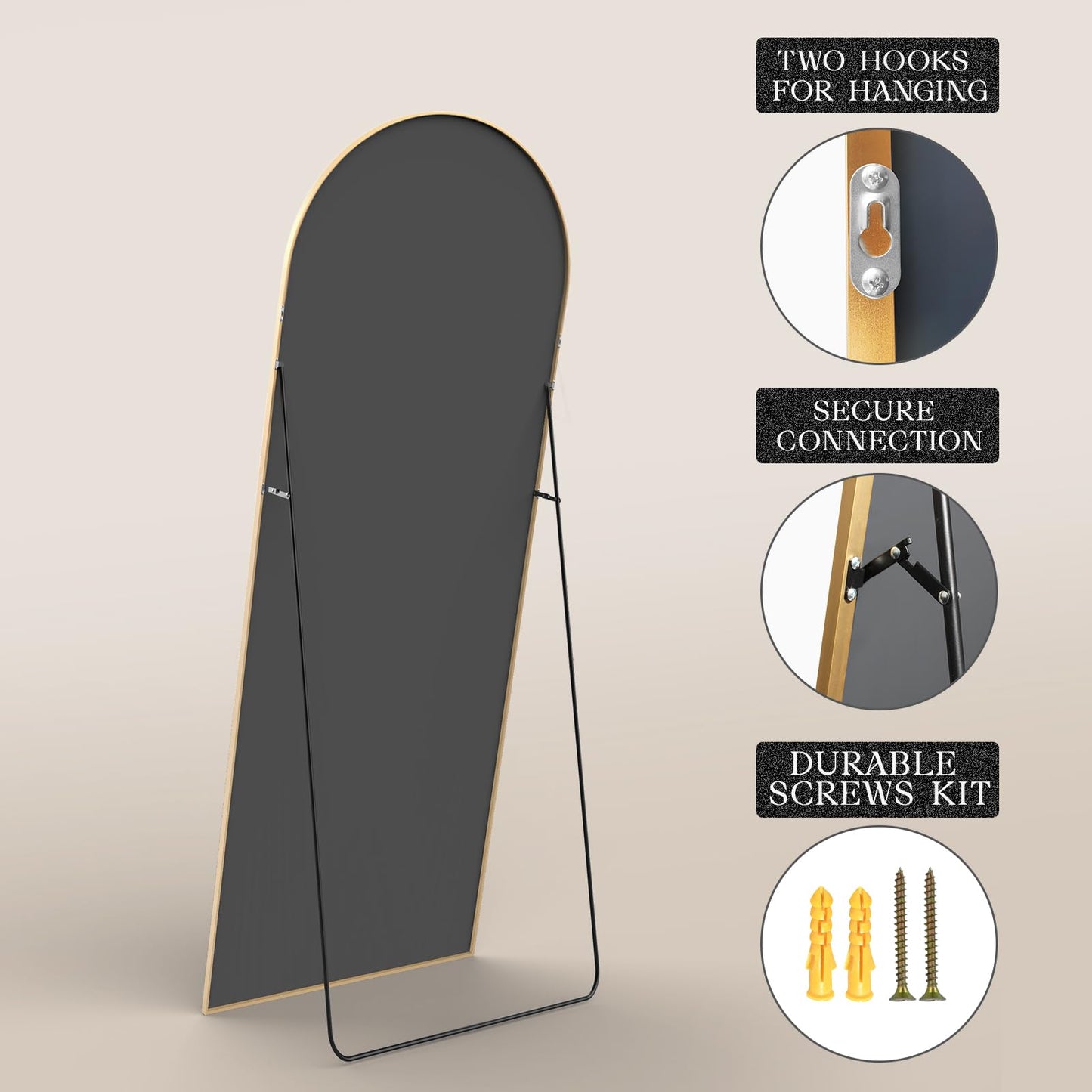 MISSDAY Arched Full Length Mirror, 64"x21" Full Body Mirror with Stand, Floor Mirror Long Free Standing, Leaning or Hanging, Aluminum Thin Frame Wall-Mounted Mirrors Wall Mirrors for Bedroom, Gold