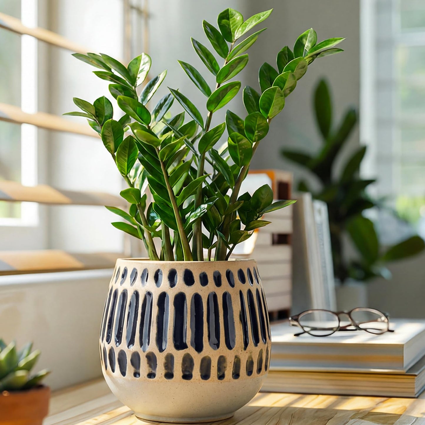 Chonsun Ceramic Planter 5 Inch Plant Pots Indoor Outdoor Succulent Plant Pot Flower Pots Mid-Century Planter Ceramic Pot with Blue Stripes