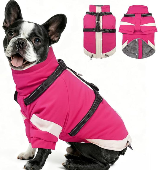 MIGOHI Warm Dog Coat Waterproof Small Dog Jacket with Harness,Reflective Fleece Snowsuit for Dogs,Windproof Puppy Coats with Legs for Cold Weather,Adjustable Pet Clothes for Puppies,Xs,Rosered