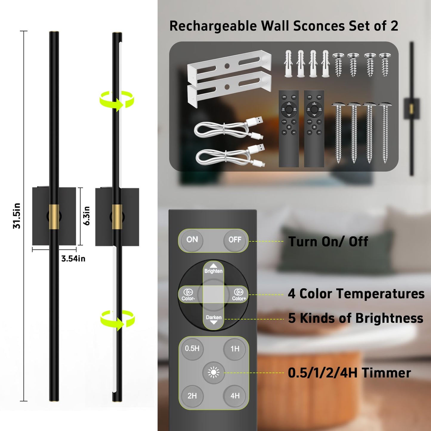 iThird Battery Operated Wall Sconces Set of 2: 10000mAh Rechargeable Wall Lights with Remote Control, 360° Rotate Wireless Wall Scone Decor for TV/Mirror Bedroom Living Room, 31.5 Inch, Black