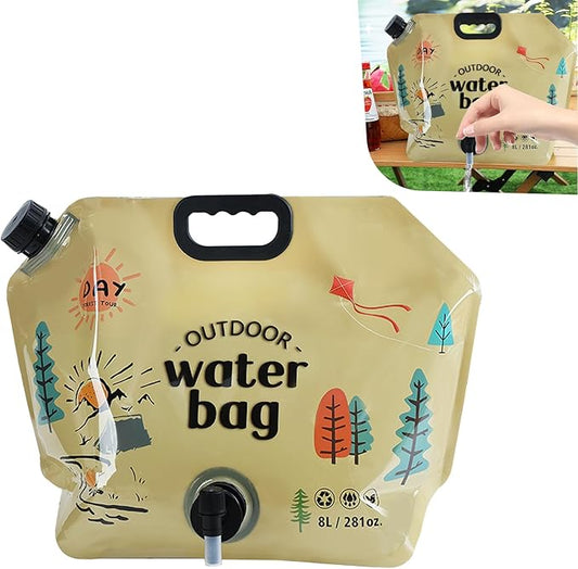 Qurbuns Portable Foldable Water Bag, 8L Collapsible Water Container with Adjustable Faucet, No-Leak Camping Storage Bag, Universal for Camping, Hiking, Outdoor Adventures (Khaki)