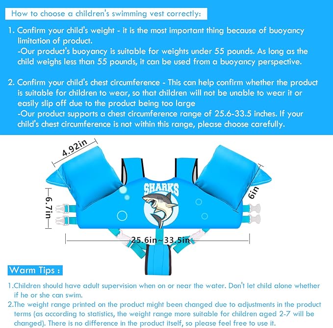 Chriffer Kids Swim Vest Life Jacket for 30-55 Pounds Boys and Girls, Toddler Floaties with Shoulder Harness Arm Wings for 2,3,4,5,6,7 Years Old Baby