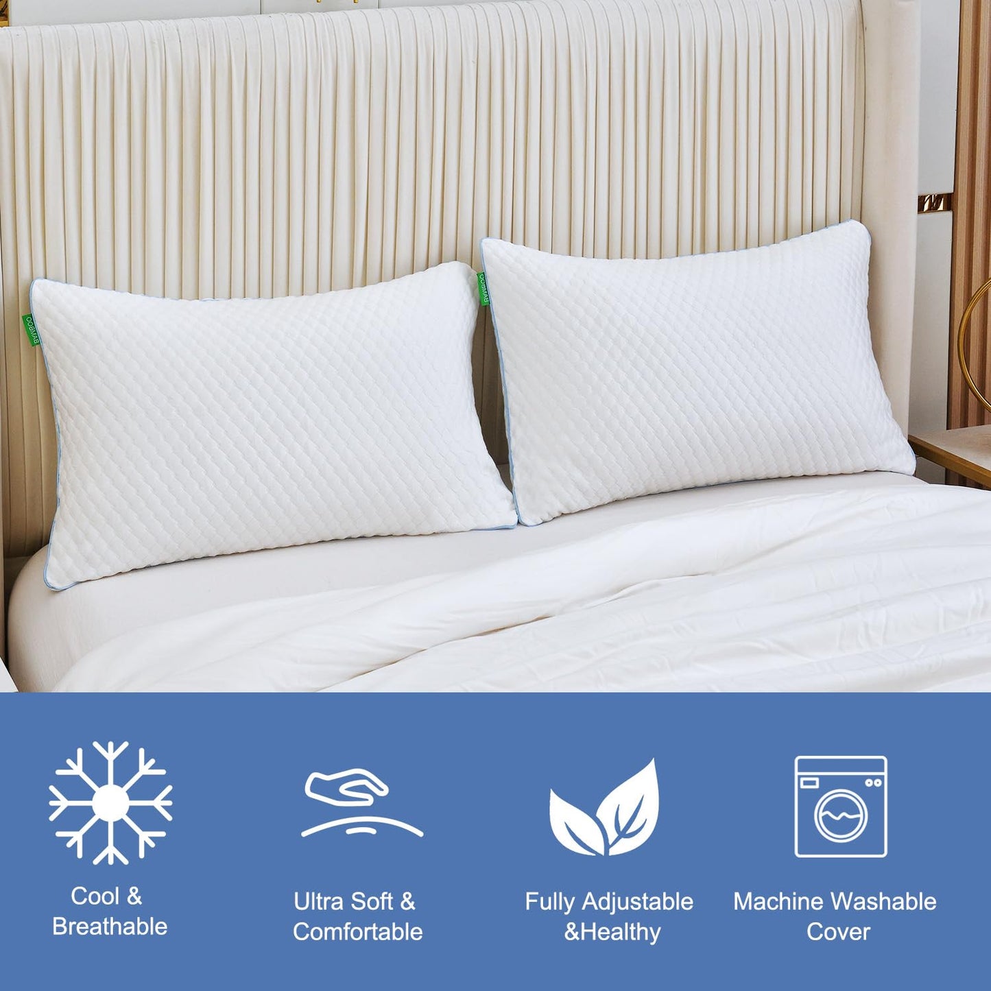 Friendriver Shredded Memory Foam Pillows for Sleeping 2 Pack - Cooling Bed Pillows Queen Size Set of 2 - Firm Pillow for Side and Back Sleepers Adjustable Gel Pillow with Removable Cover