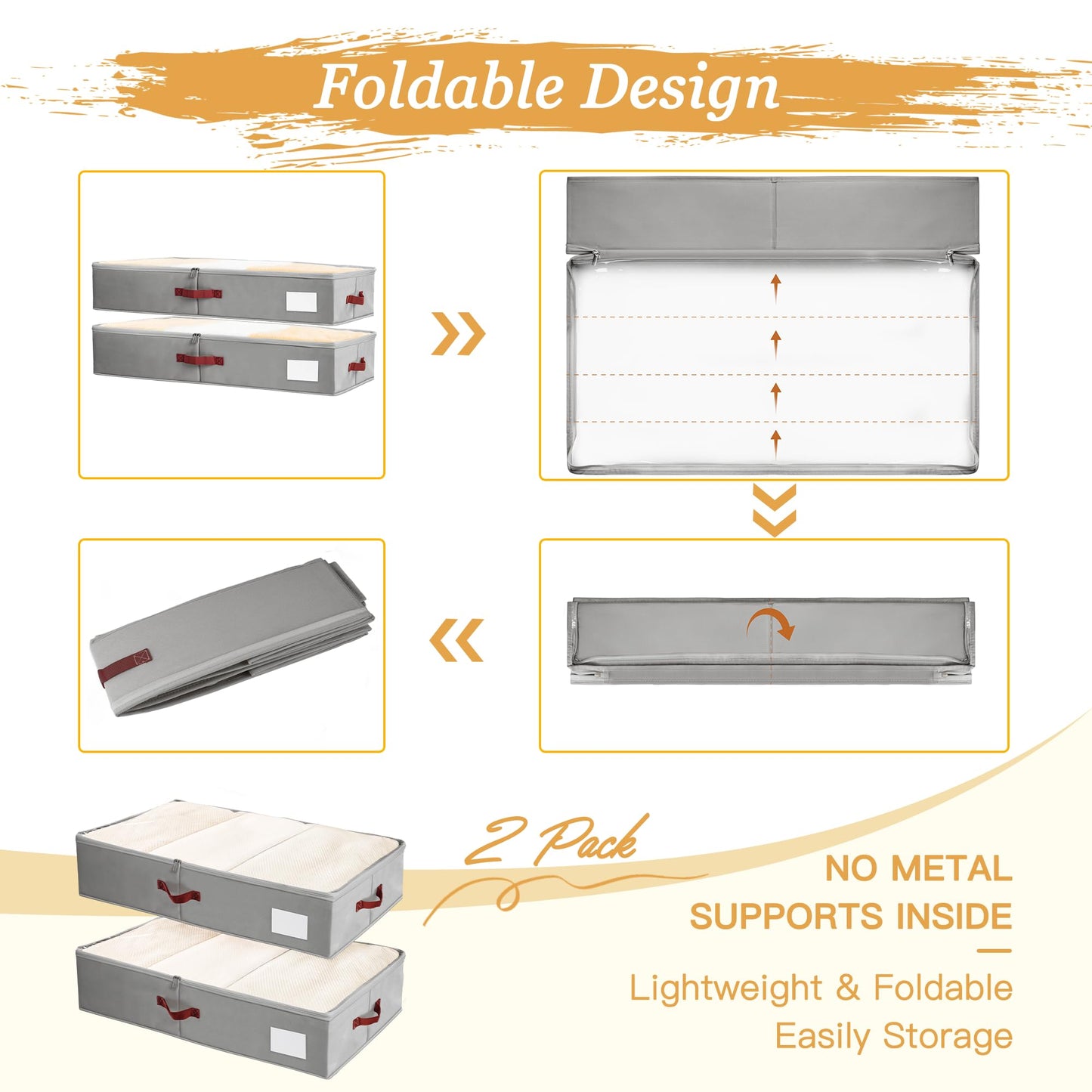 Criusia Under Bed Storage Bins with Clear PVC Lids – 2 Pack Large Underbed Organizers with Heavy-Duty Handles, Reinforced with 800G PP Panels & 80G Non-Woven Fabric – Waterproof & Foldable, Gery