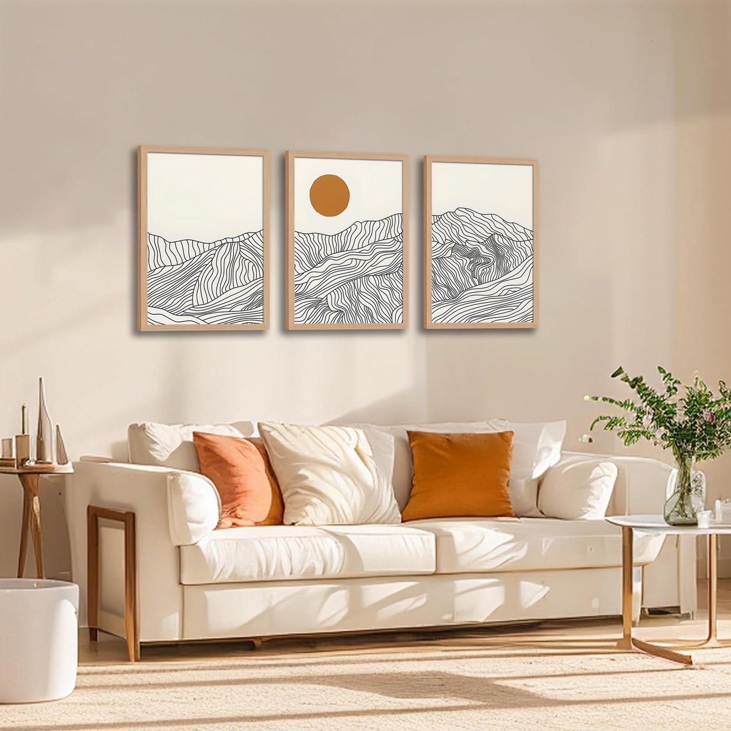 soonkiss Abstract Boho Sun Wave Line Mountain Landscape Wall Art Set of 3, Minimalist Beige Geometric Line Drawing Triptych with Light Wooden Frame for Living Room Bedroom 12x16 Inches