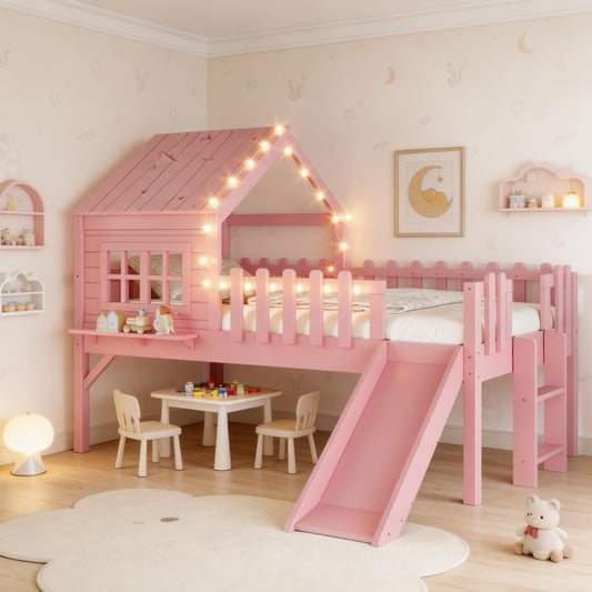 Bellemave Twin Loft Bed with Slide and Ladders, Solid Wood Low Loft Bed with Tray, Lights, Playhouse Roof, House Loftbed Frame for Kids, Boys, Girls, Childlike and No Box Spring Needed Design, Pink