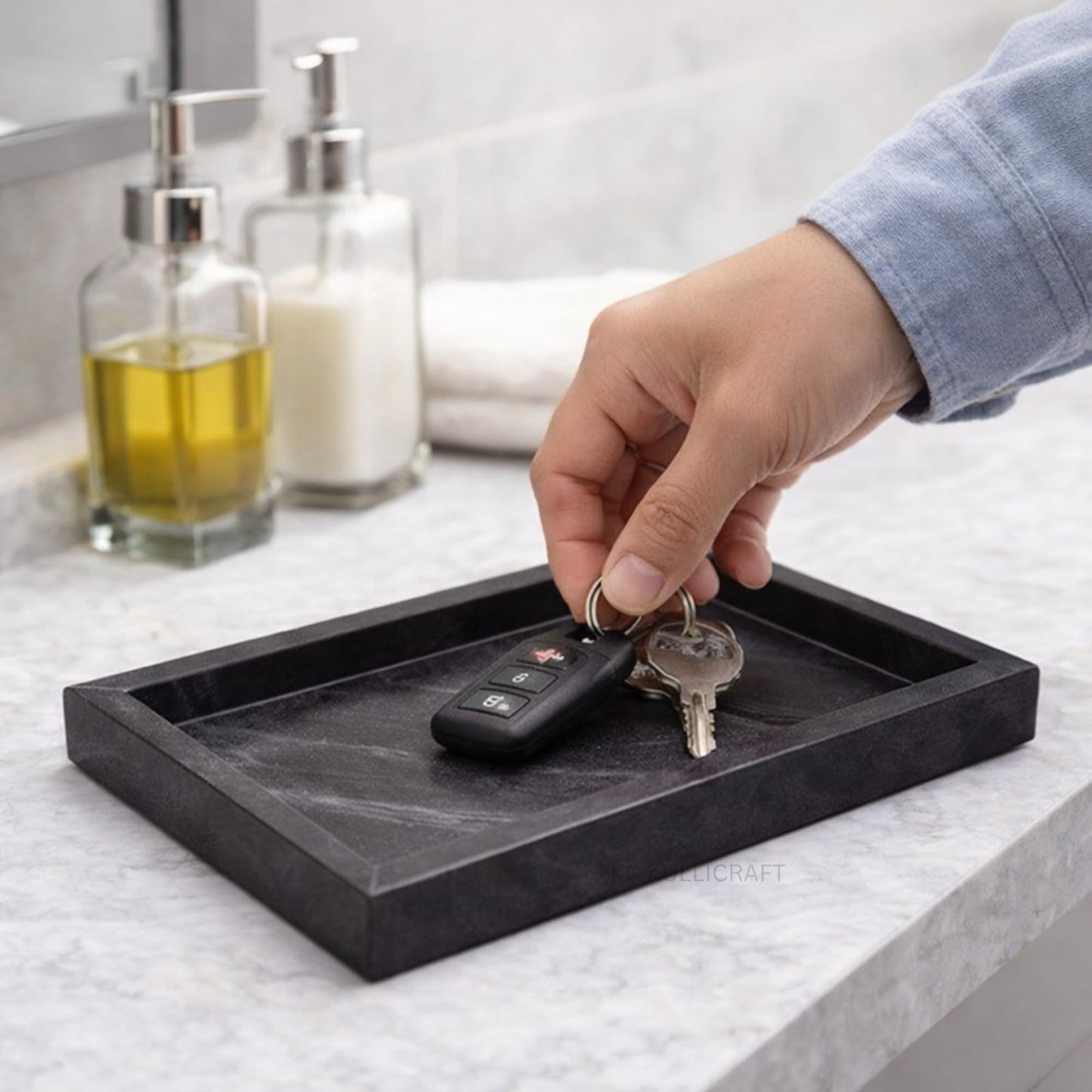 KC KULLICRAFT Natural Marble Tray, Black, 12" x 8", Rectangular