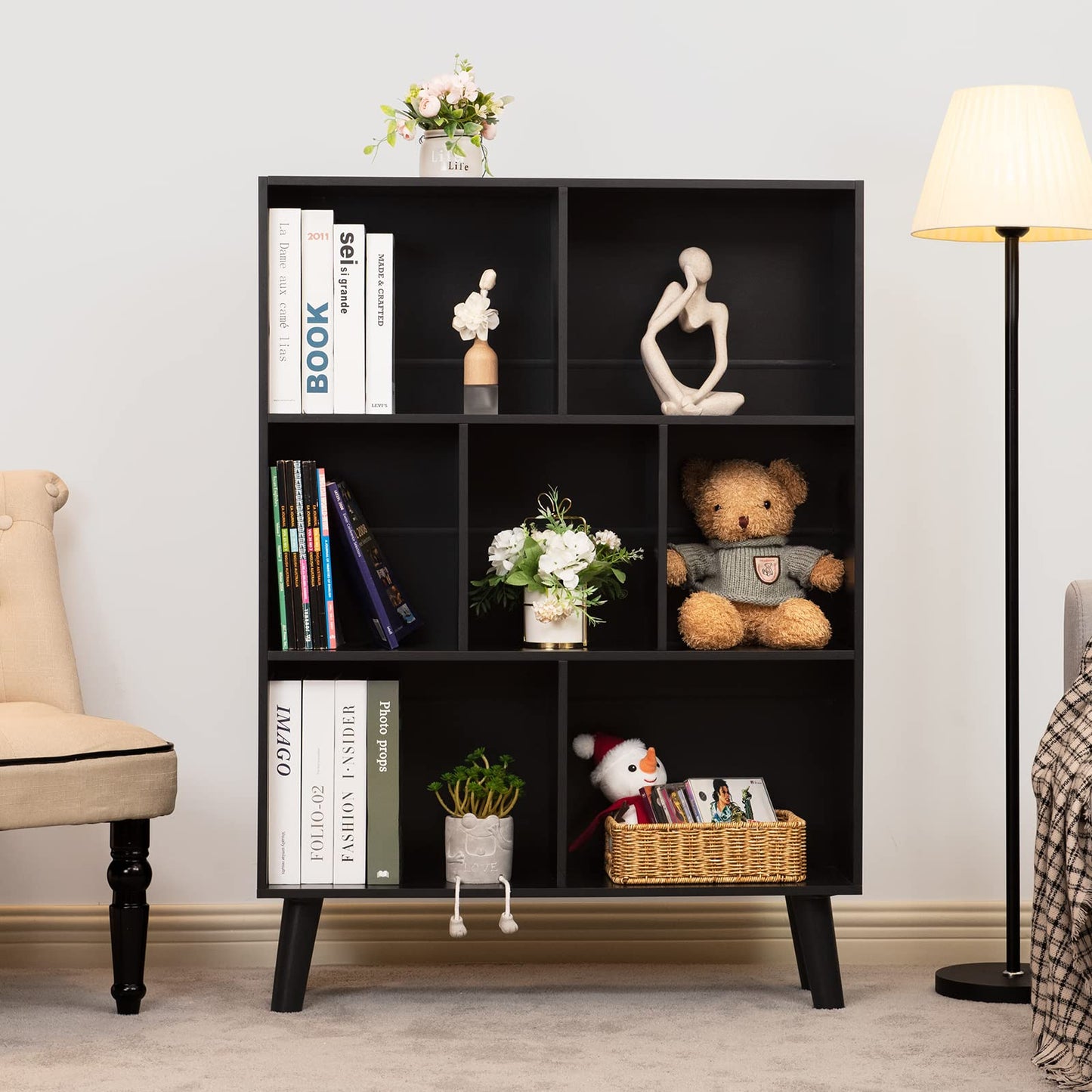 YAHARBO Black Bookshelf,3 Tier Modern Bookcase with Legs,Bookshelves Wood Storage Shelf, Open Book Shelves Cube Organizer,Freestanding Short Bookcases