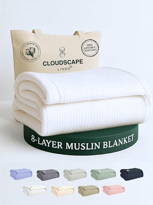 Cloud Scape Linen 8-Layer Muslin Blanket King Size for Adult - 100% Cotton, Heavy Weighted and Soft, All Season, Winter Cozy Blanket, Fits up to California King Bed, 92x108, White