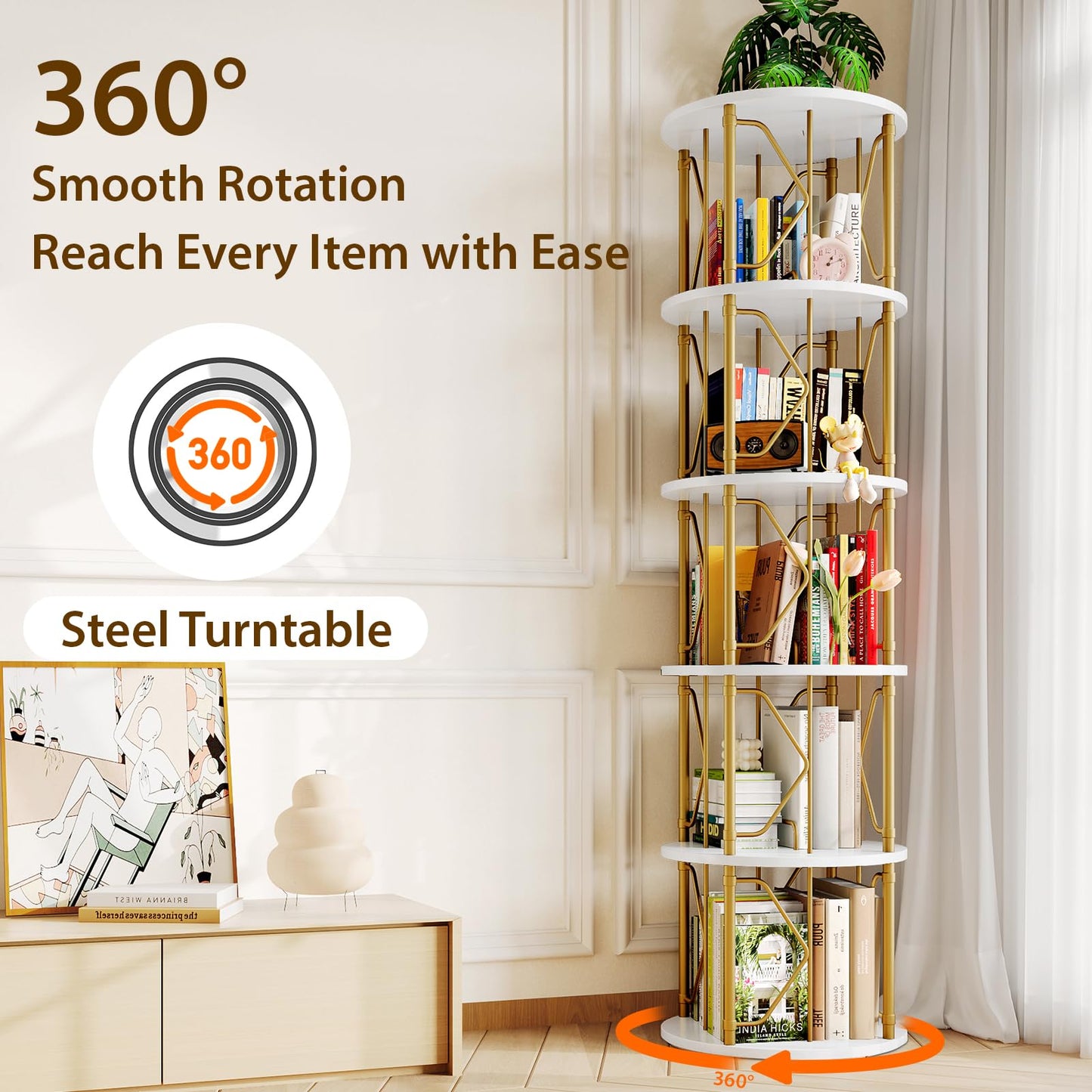 5 Tier Rotating Bookshelf Tower, Revolving Bookcase, 360° Round Spinning Book Shelf, Narrow Swivel Bookshelves Vertical Turning Corner Bookshelf Organizer for Bedroom, Living Room, Gold & White