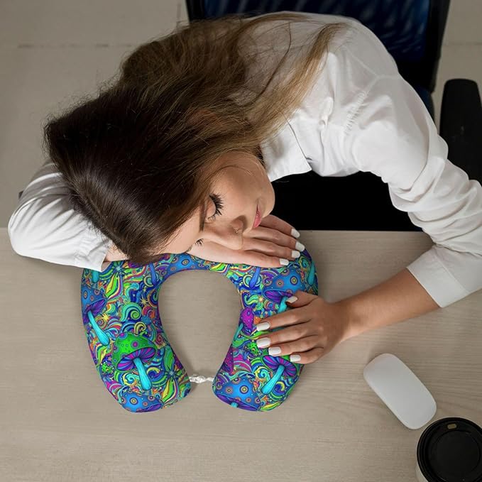 Comfortable Travel Pillow for Pain Relief Sleeping, Memory Foam Airplane Car Neck Pain Pillows Trippy Stoner Magic Mushrooms Art, Funny Chin Head Support Cushion