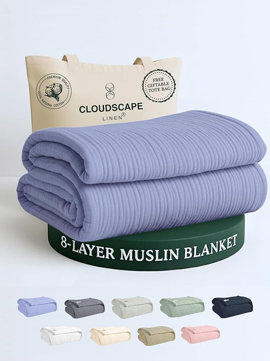 Cloud Scape Linen 100% Cotton 8 Layer Twin Size Muslin Blanket - Breatheable and Soft Winter Blanket for Bed, Couch and Sofa, Oversized Fits up to Twin XL, Best Gift Idea, 68x92, Lavender Blue