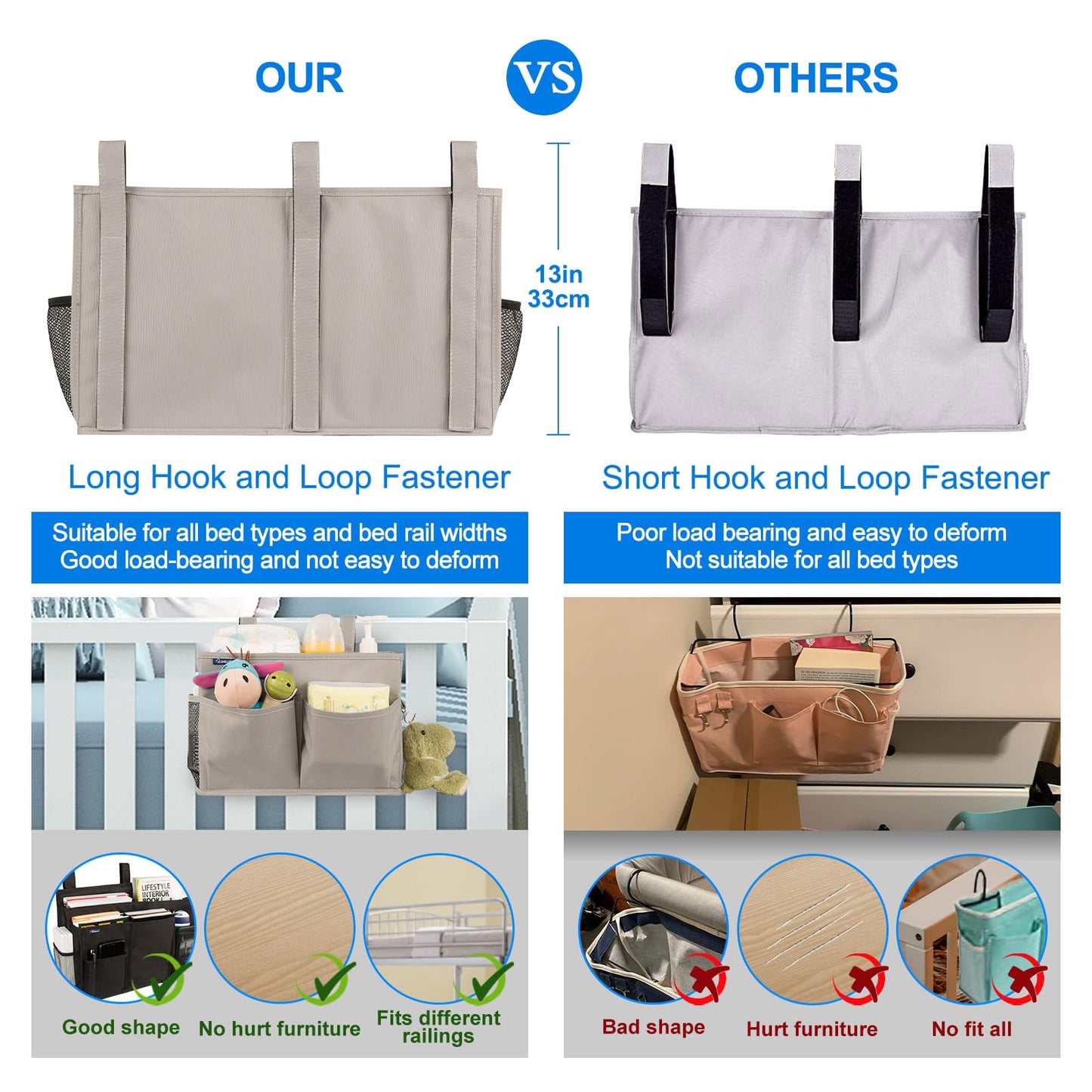 Surblue Bedside Caddy Hanging Bed Organizer Storage Bag Pocket for Bunk and Hospital Beds, College Dorm Rooms Baby Bed Rails,Camp (8 Pockets),Gray