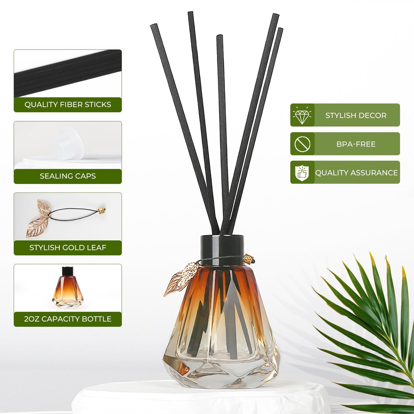 Reed Diffuser Set - 4 Empty Bottles with 20 Sticks, Delicate Gold Leaf Decor, Glass Fragrance Diffuser with Lids for Home, Bathroom | Refillable, Diamond Style (4 PCS Black)