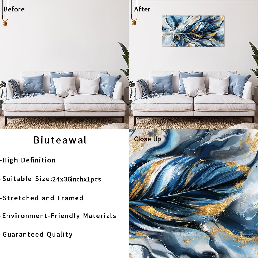 Biuteawal Feather Wall Art Elegant Flying Feathers Picture Print Blue and Gold Art Canvas Modern Luxury Decorative Paintings for Bedroom Living Room Framed