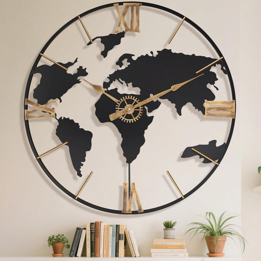 Pytha Sight 30 Inch Large Modern Decorative Metal World Map Wall Clocks Giant Extra Vintage Gold Roman Numeral Oversized Wall Clock for Living Room,Office,Dining Room,Entryway,Fireplace