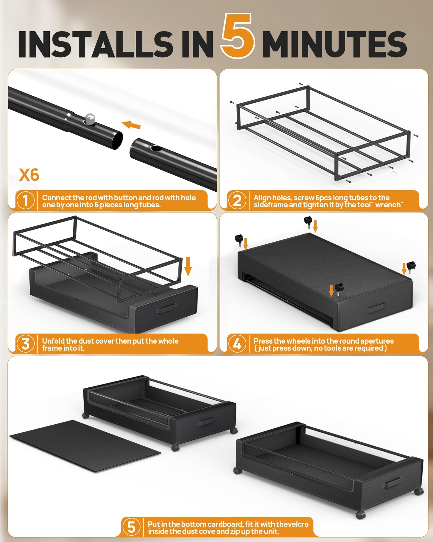 YEEBONIX Under Bed Storage With Wheels, 2 Pack Square Containers, 60L Bins, Rolling Metal Drawer for Clothes, Blankets, Shoes