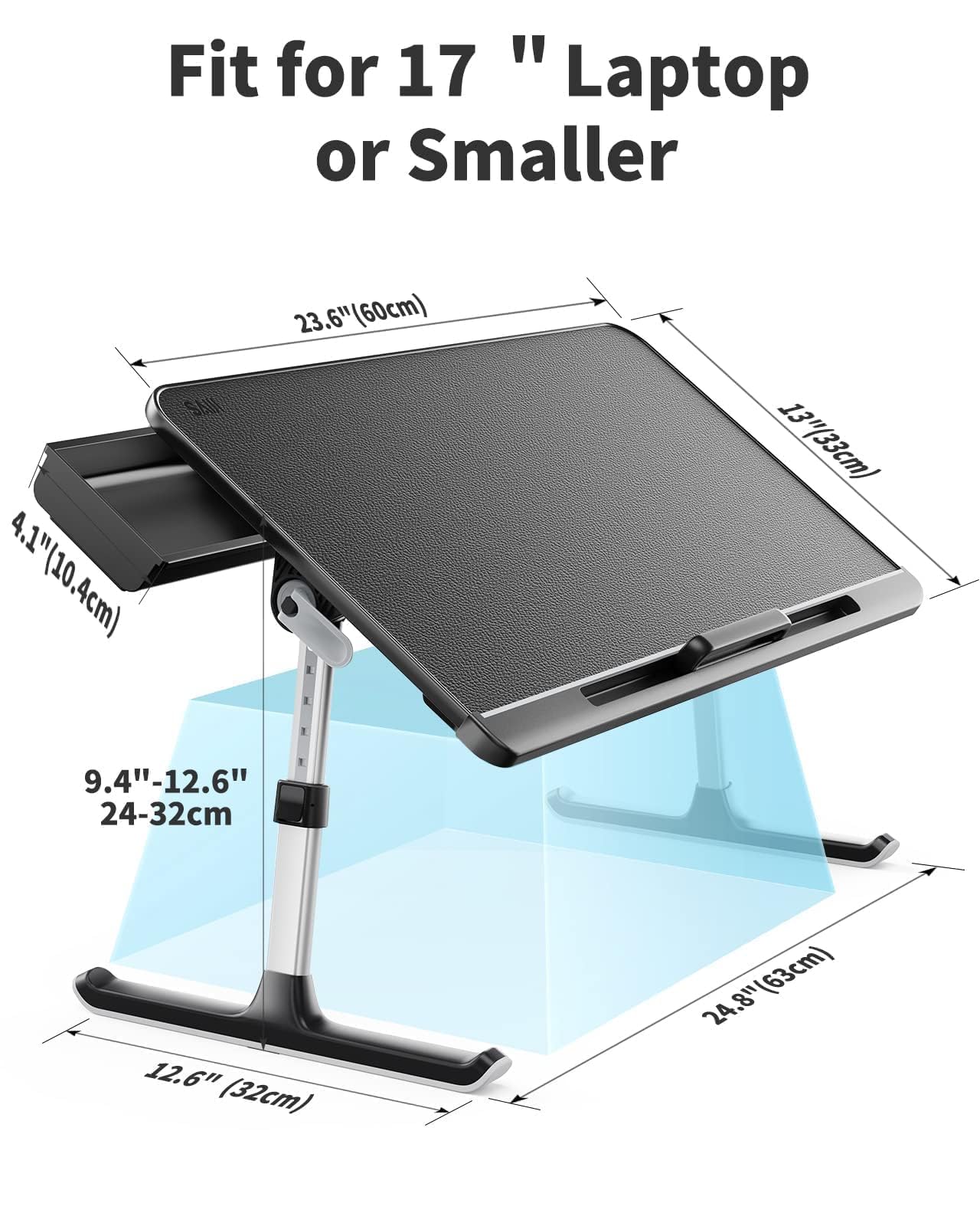 SAIJI Laptop Bed Desk Table - Portable Laptop Stand for Bed with Storage Drawer, Adjustable Lap Desk Bed Tray Fits 17" Laptop with PVC Leather for Work from Home & Dorm Study Essential (Dark Black)