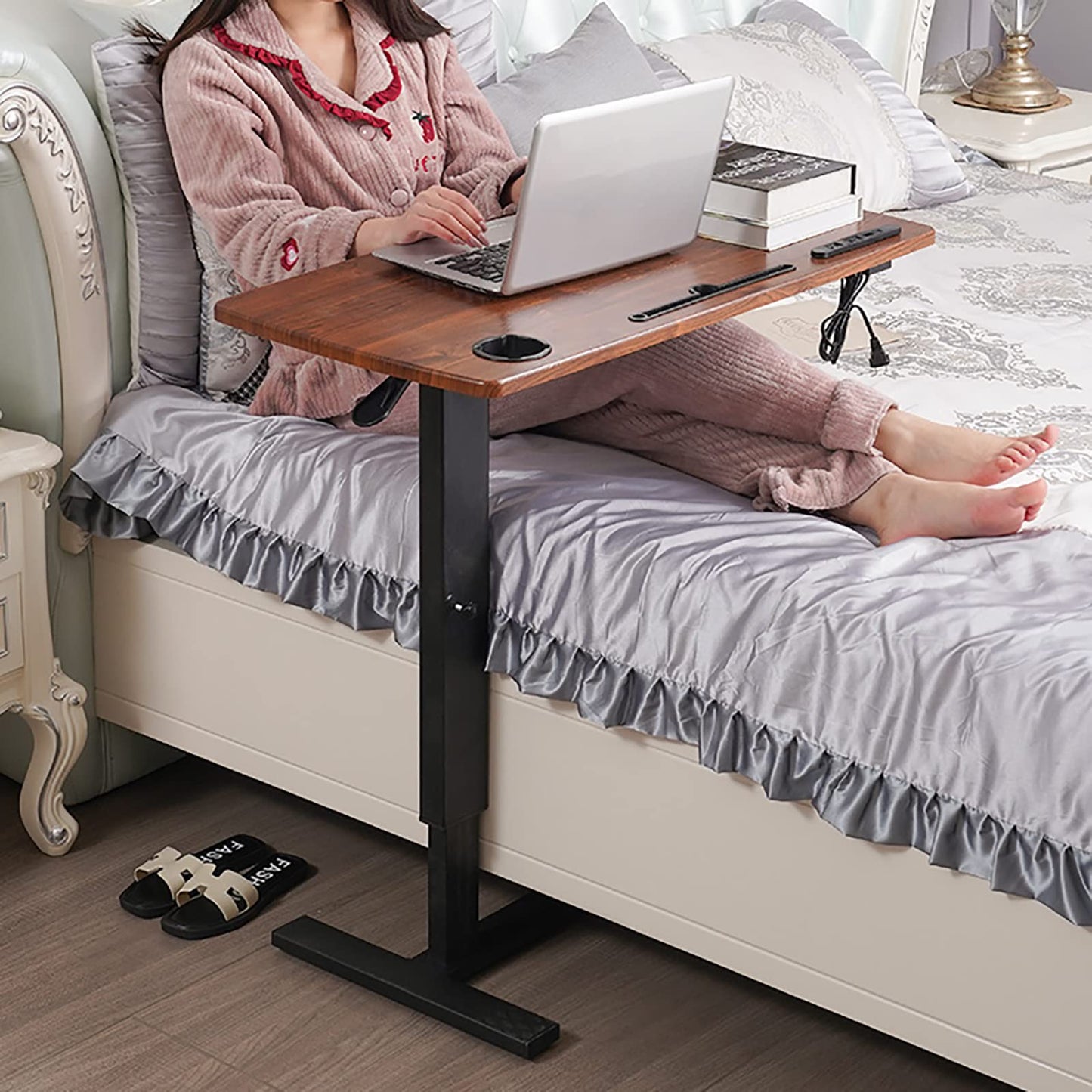 ALEEIK Bedside Desk with Wheels,Mobile Rolling Laptop Stand Height Adjustable Tray Table for Laptop Bed Sofa Side Table,Space-Saving, 33.5 x 18 Inches