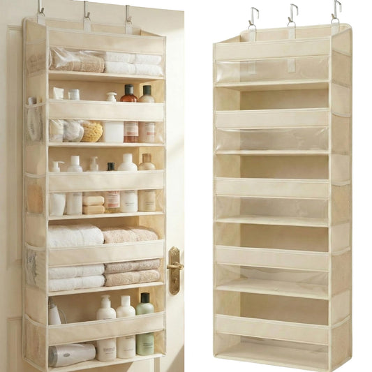 Hasosodo Over the Door Organizer 5-Shelf Closet Hanging Storage with 10 Mesh Pockets, 50 lbs Weight Capacity Door Organizer Hanging for Bathroom, Bedroom, Baby Nursery and Pantry, Ivory