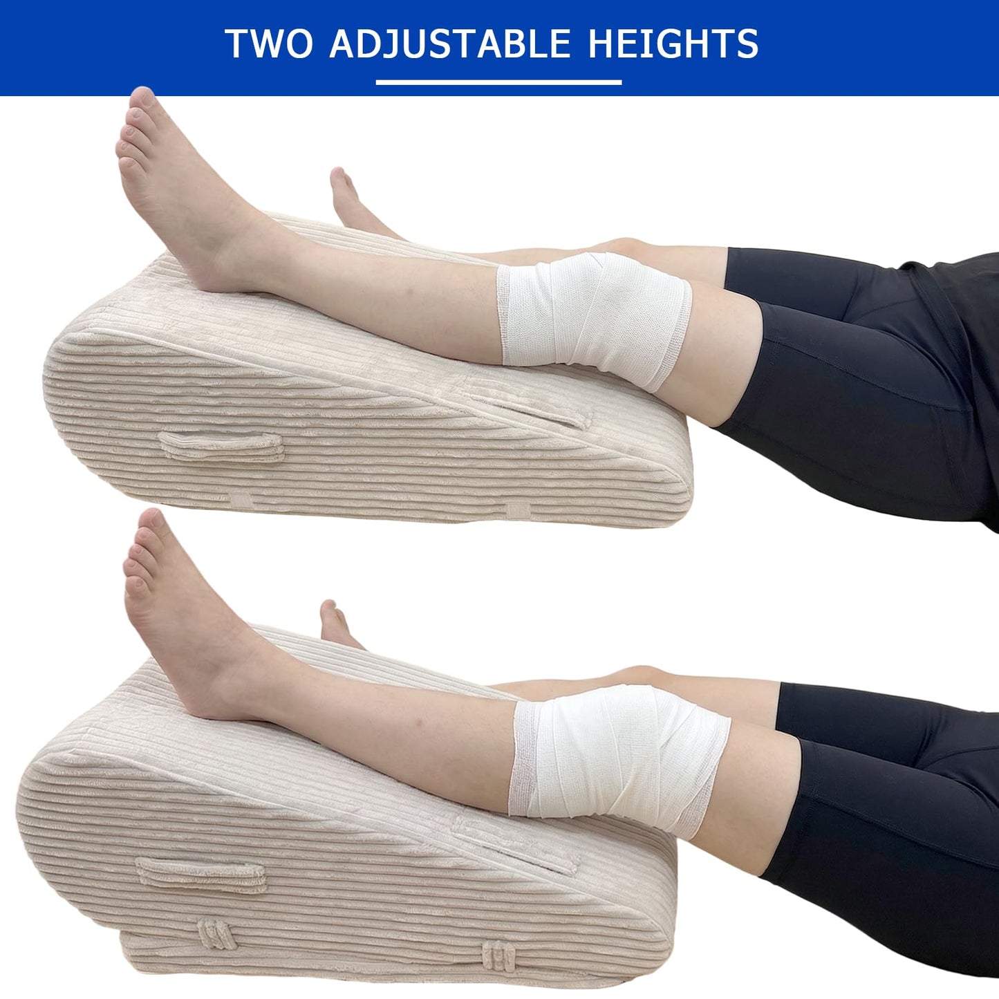 Wellbrance Leg Elevation Pillow for After Surgery, Adjustable Height Leg Wedge Pillow with Medical Grade Foam & Beige Corduroy Cover, Single Knee Elevation Pillow for Swelling Relief & Sleep