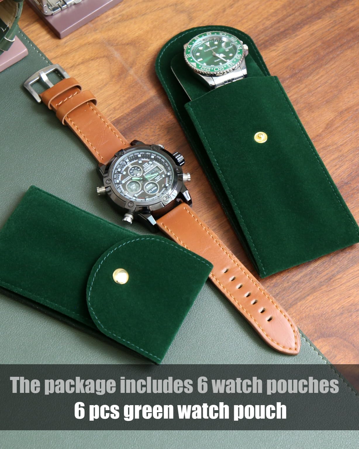 Bonaking 6PCS Velvet Watch Pouch, Green Portable Travel Case for Men & Women, Soft Watch Bag Storage