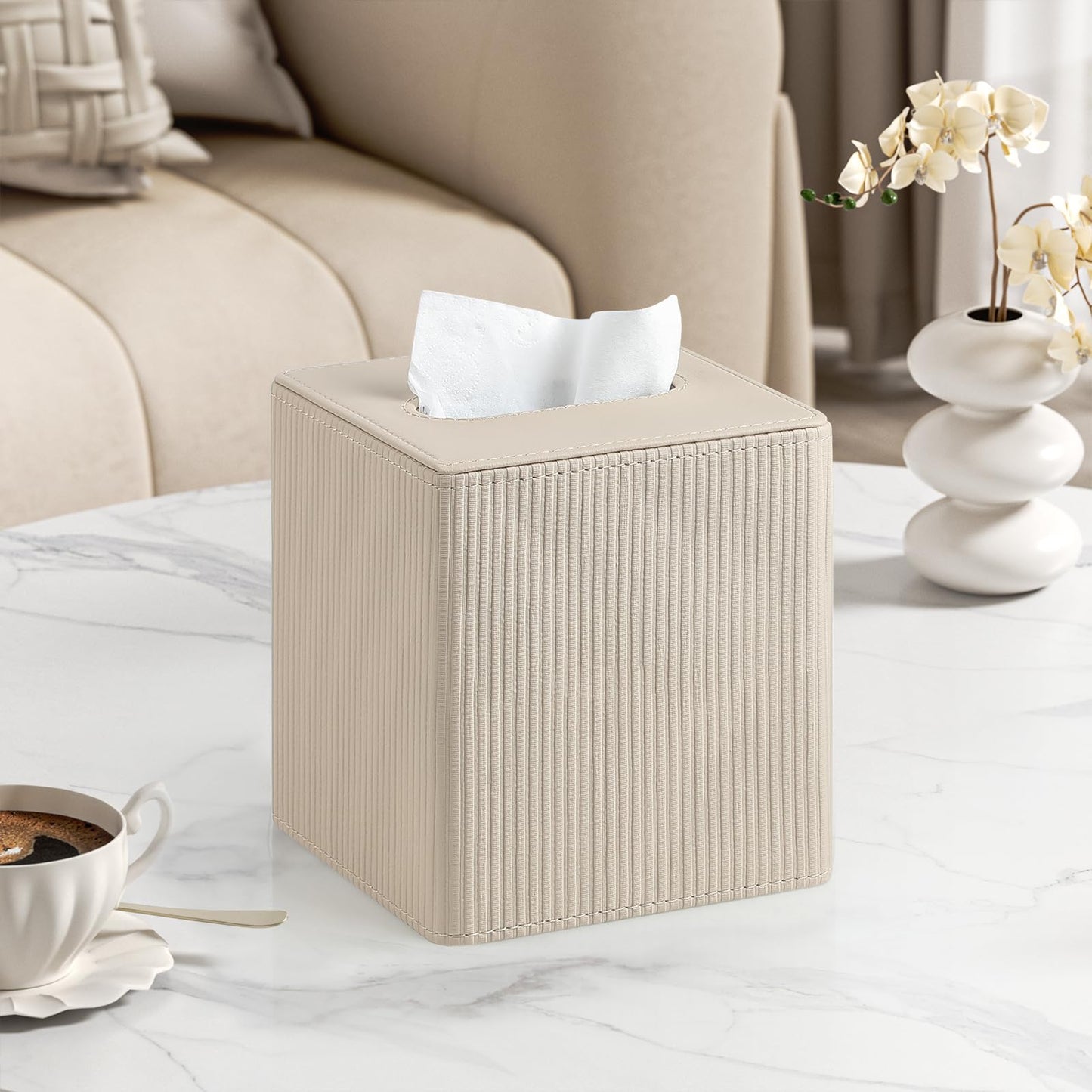 Cretkhp Tissue Box Cover Square with Magnetic Closure, PU Leather Tissue Box Holder for Bathroom NightStands Livingroom, Decorative Modern Square Tissue Holder (Beige)