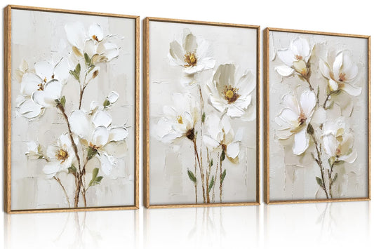 FWIEXA 3D Beige White Floral Canvas Wall Art,Neutral Flower Framed Wall Art Texture,Modern Abstract Botanical Paintings,16x24In Watercolor Minimalist Wildflower Artwork Magnolia Painting for Living Room,Bedroom,Office