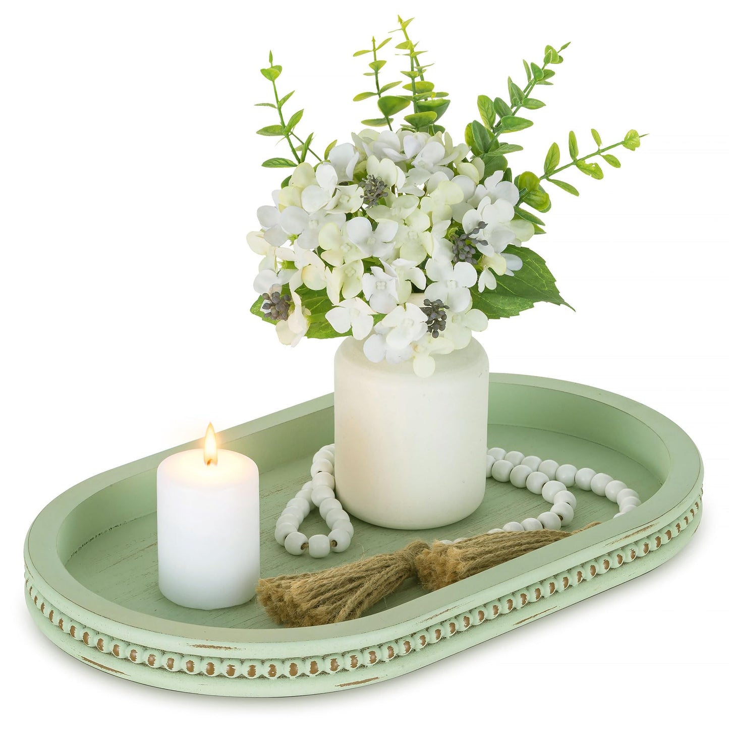Hanobe Decorative Trays for Coffee Table: Sage Green Oval Bathroom Trays - Wood Modern Farmhouse Decor for Home Kitchen Counter Entryway Table