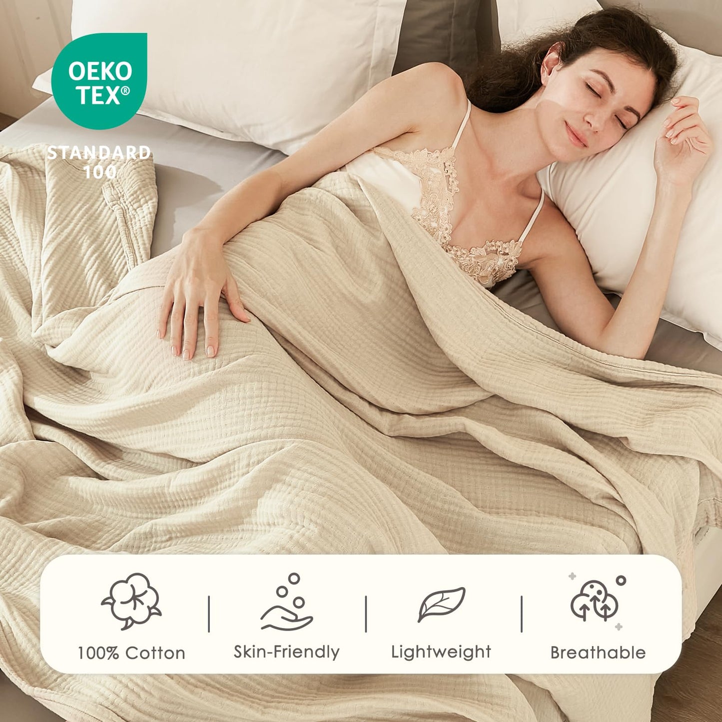 EMME Cotton Throw Blanket Large 4-Layer Gifts for Women 100% Muslin for Couch Breathable Gauze All Season Beige Soft and Lightweight Pre-Washed