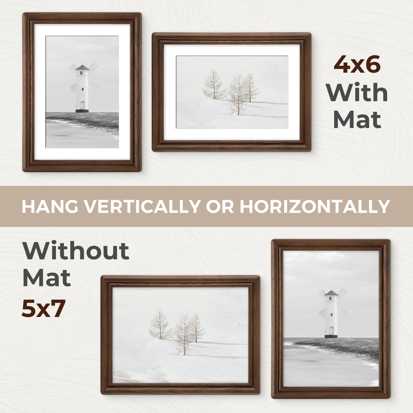 5x7 Picture Frame with Mat for 4x6, USA-Sourced Walnut Wood Handcrafted Rounded Corner with HD Tempered Glass, 5 x 7 Photo Frames Gallery Wall & Tabletop, Vertically or Horizontally, 2 Pack