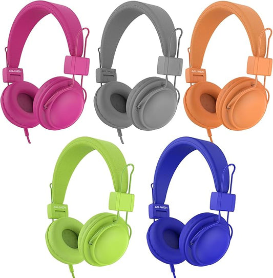 AILIHEN Kids Headphones Wired Bulk 5-Pack for K-12th Grade, School & Classroom, with Microphone, 85dB Volume Limit, Shareable, Foldable, 3.5mm Jack for Chromebook, Computer - Dark Color