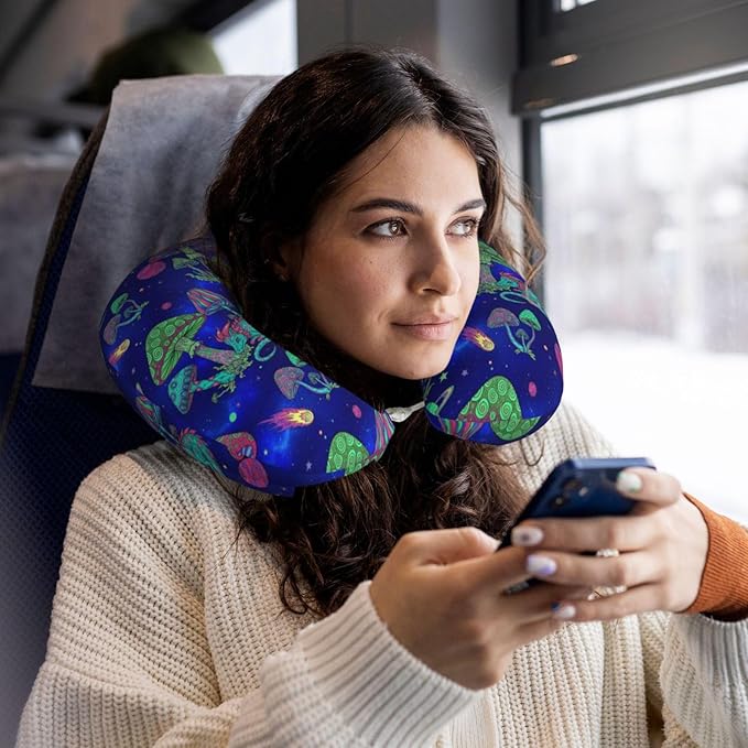 Travel Pillow for Men Women, Washable Relax U Shaped Neck Pillows for Car Head Pain Relief Sleeping Space Mushrooms