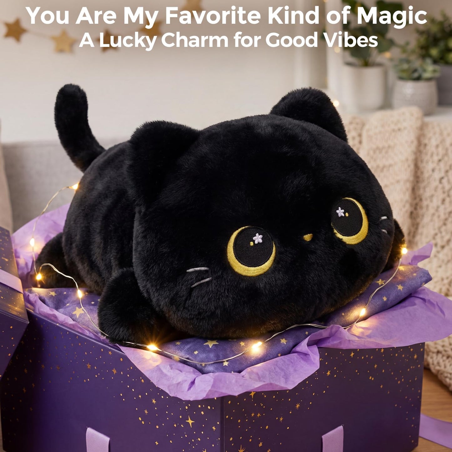 Mewaii Cute Black Cat Plush Pillow, Kawaii Plushies Black Cat Stuffed Animals, Squishy Plushies, Cuddle Plush Pillow for Kids & Girls (20 Inch)