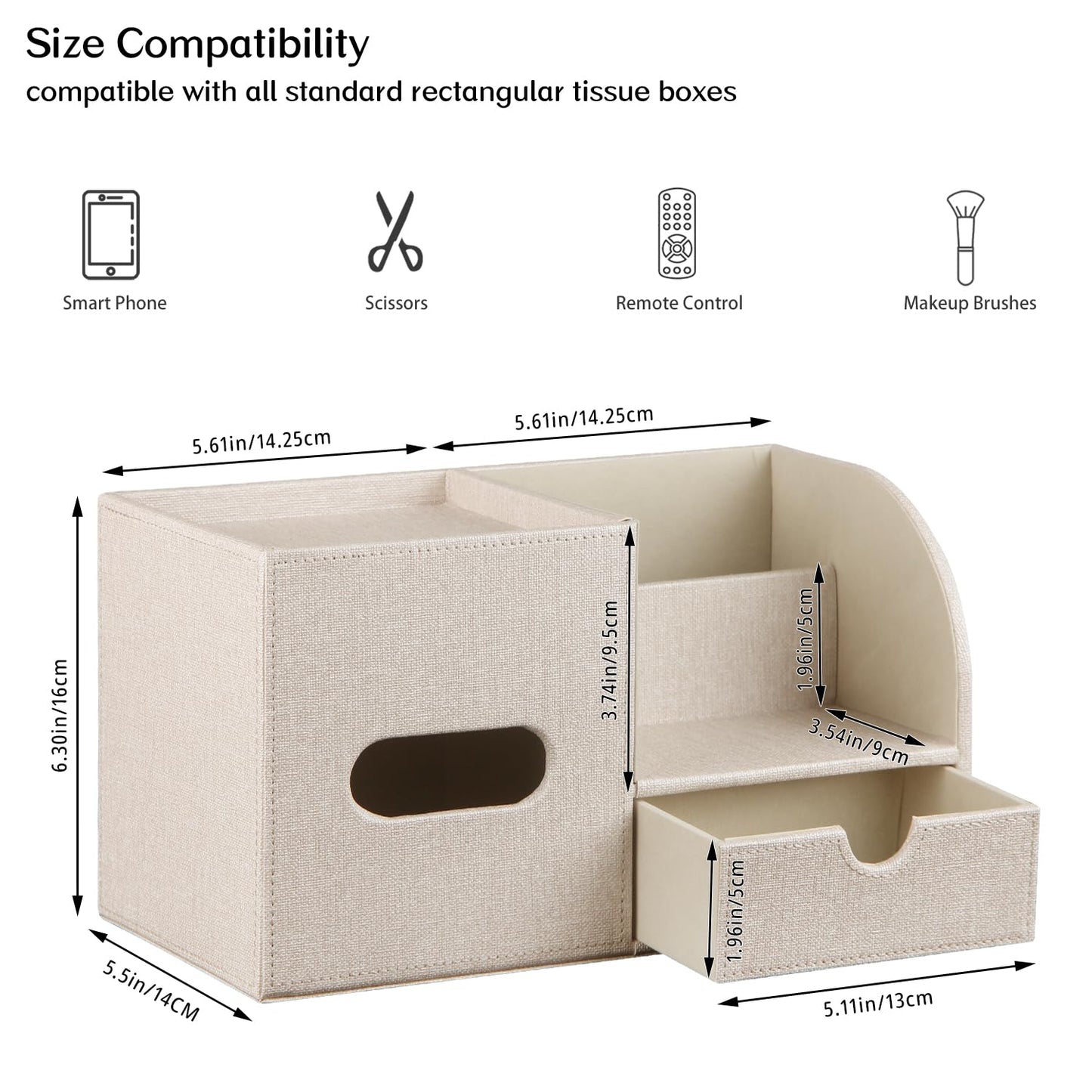 Fanousy Square Tissue Box Cover with Drawer Storage and Tray on Top, PU Leather Tissues Cube Boxes Holder, Modern Nightstand Organizer Caddy, Remote Control Holder for Bathroom, Bedside, Office, Home