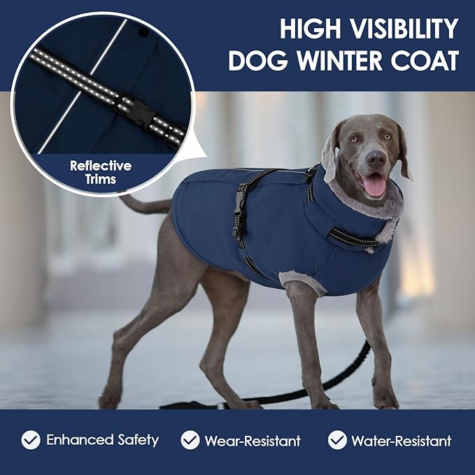 AOFITEE Dog Coat, Warm Dog Jacket Winter, Waterproof Dogs Winter Coat with Harness & Zipper, Reflective Turtleneck Fleece Pet Puffer Jacket Snowsuit for Jack Russel, Boston Terrier, Blue M