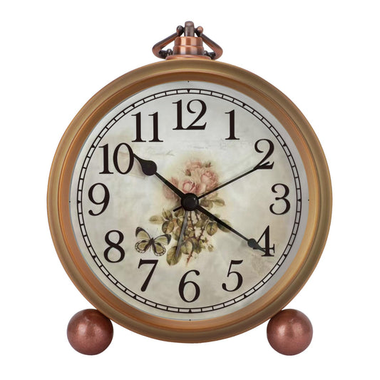 Maxspace Metal Golden Table Clock, Retro Vintage Non-Ticking Small Alarm Clock,Battery Operated Silent Quartz Movement HD Glass Desk Clock for Bedroom Living Room Indoor Decoration Kids… (Rose)