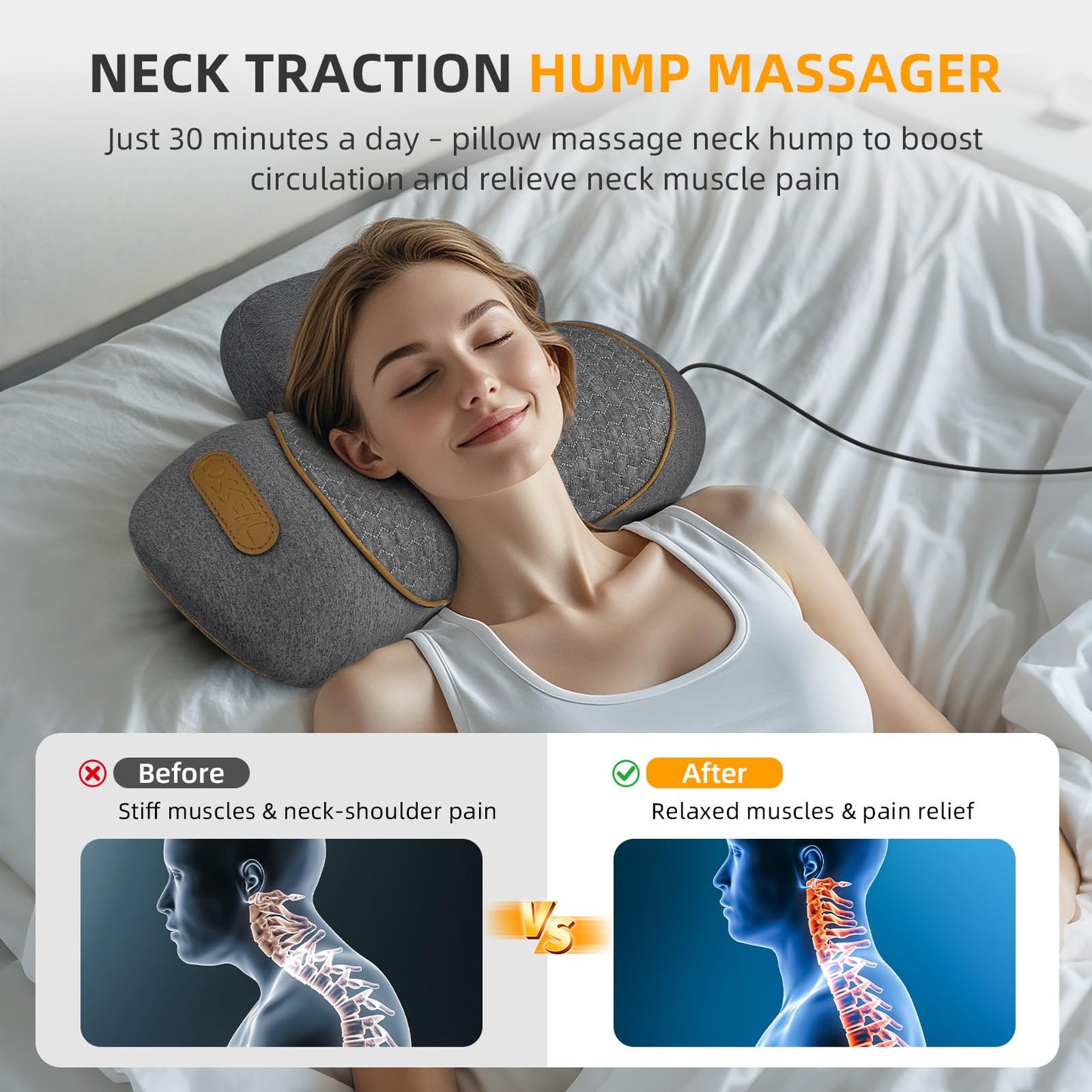 Voluart 3-in-1 Neck Massager Pillow with Heat & Traction, Deep Tissue Cervical Traction Device for Neck Hump Corrector, Shoulder & Upper Back Pain Relief, Relaxing TheraPillow Support