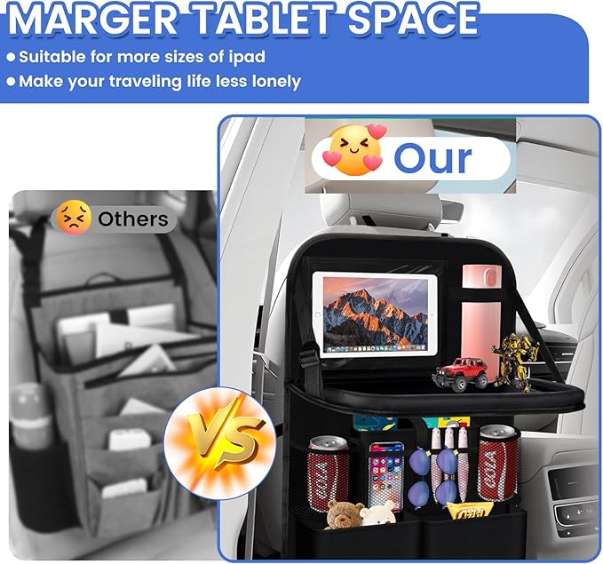 The car rear seat storage unit comes with a flat rack, 13 storage compartments, a foldable tray table, a rear seat kick pad, and can hold snacks and toys. It's black (2pieces【Dining table style】)