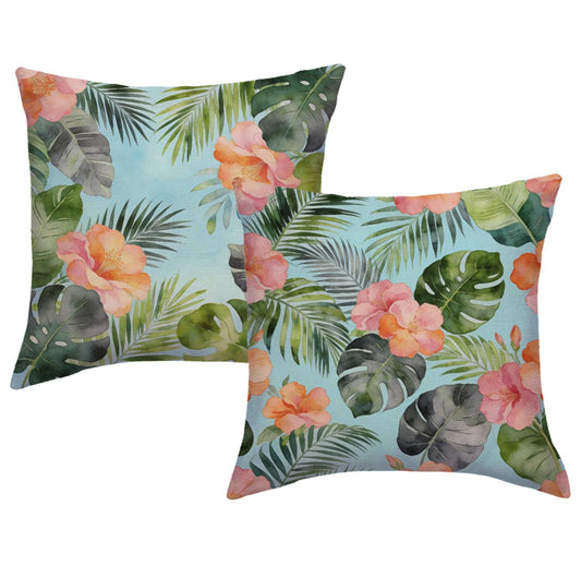 JAERUE Tropical Floral Throw Pillow Covers with Palm Leaf Hibiscus Flowers Decor Pillow Cases Farmhouse Summer Patio Decorative Cushion Covers 18 x 18 Inch,2Pack for Sofa Couch(Blue)