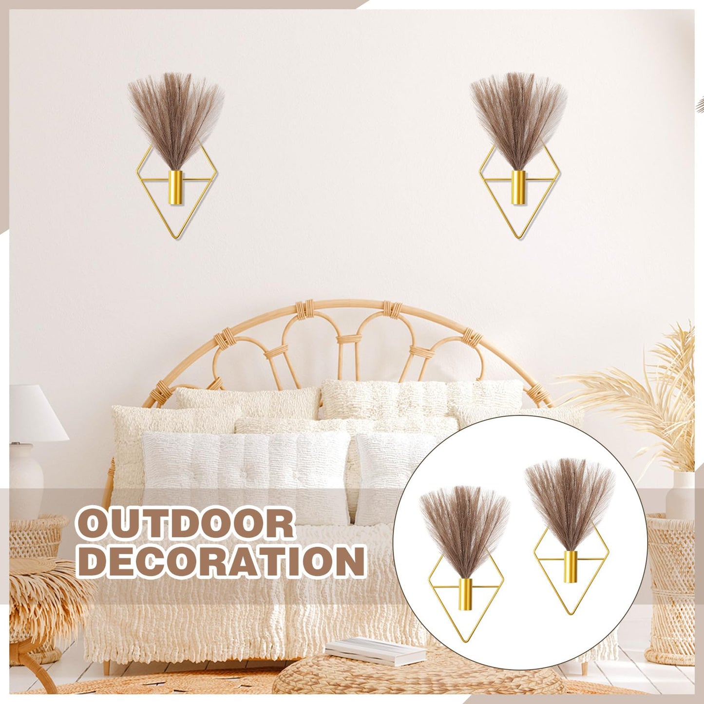 Jexine 2 Pcs Hanging Planters with Artificial Plants Metal Hanging Vase Indoor Plants Holder Modern Geometric Boho Wall Decor for Living Room Home Office(Gold, Brown Pampas)