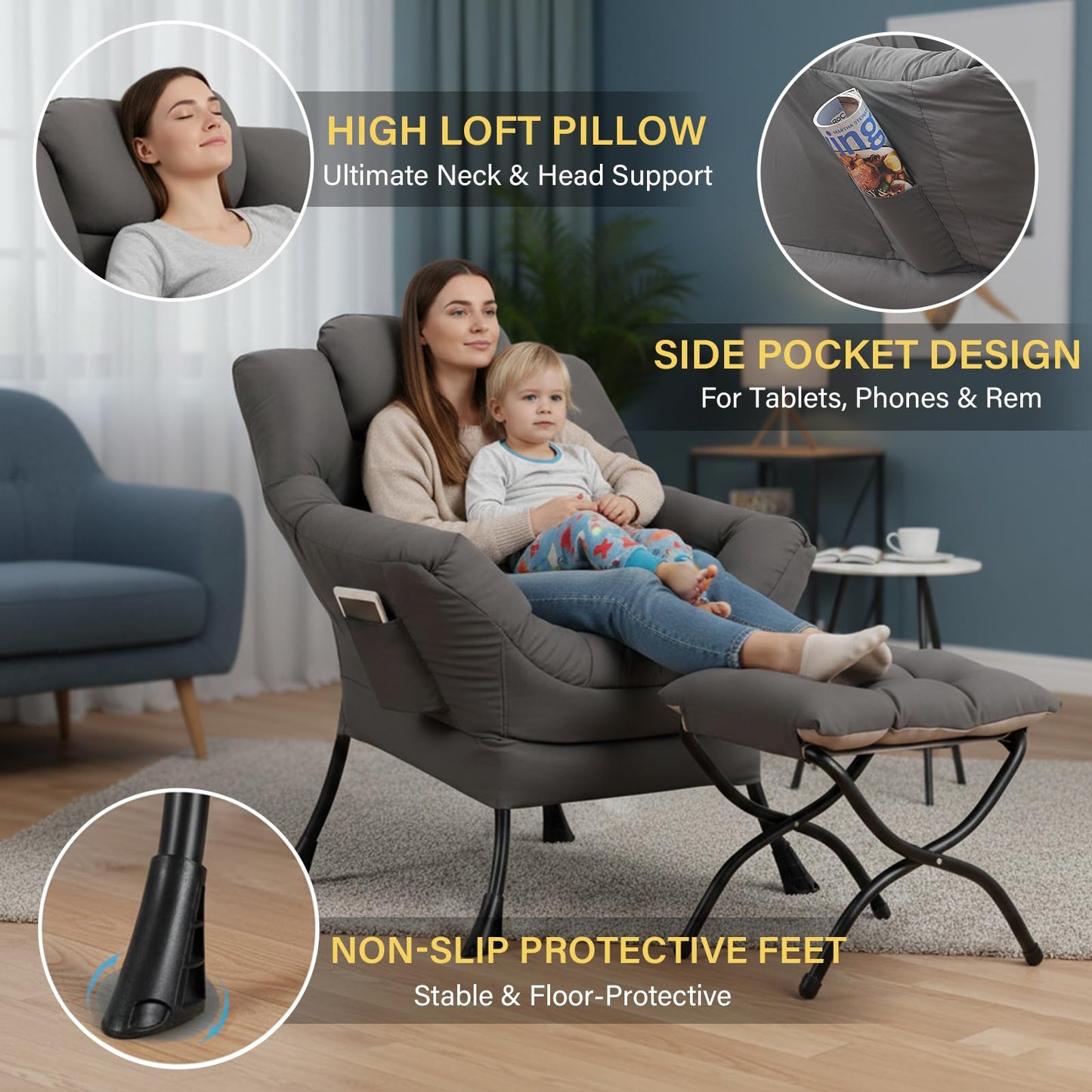 Givjoy Lazy Chair with Ottoman, Large Dark Grey Accent Chair with a Side Pocket, Modern Leisure Upholstered Sofa Reading Armchair with Footrest for Office, Bedroom, Living Room, Dorm Rooms, Balcony