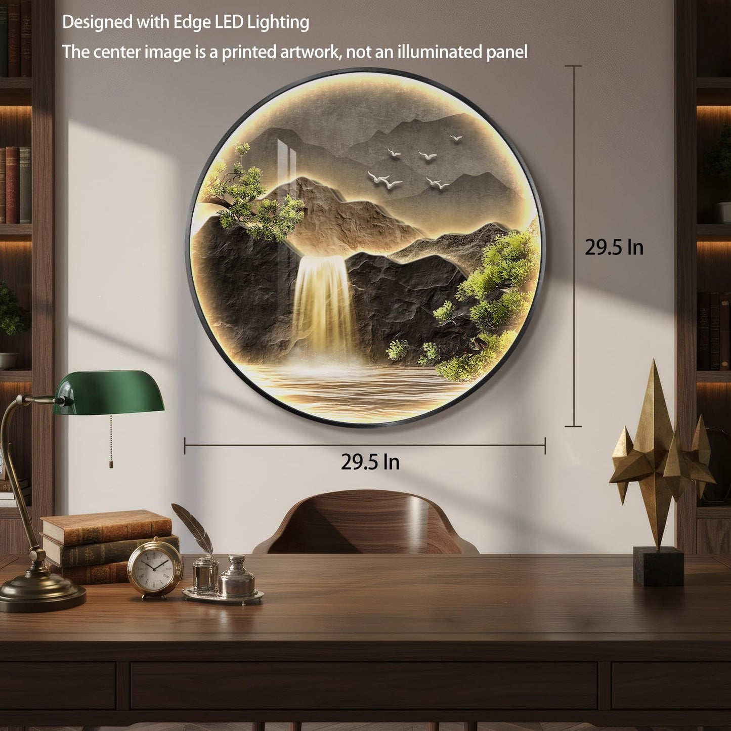 Large LED Mountain Waterfall Wall Art for Living Room, Framed Round Modern Lighted Landscape Picture Artwork for Walls, Backlit Nature Wall Decor for Hallway, Dining Room, Entryway, Office, 30x30 Inch
