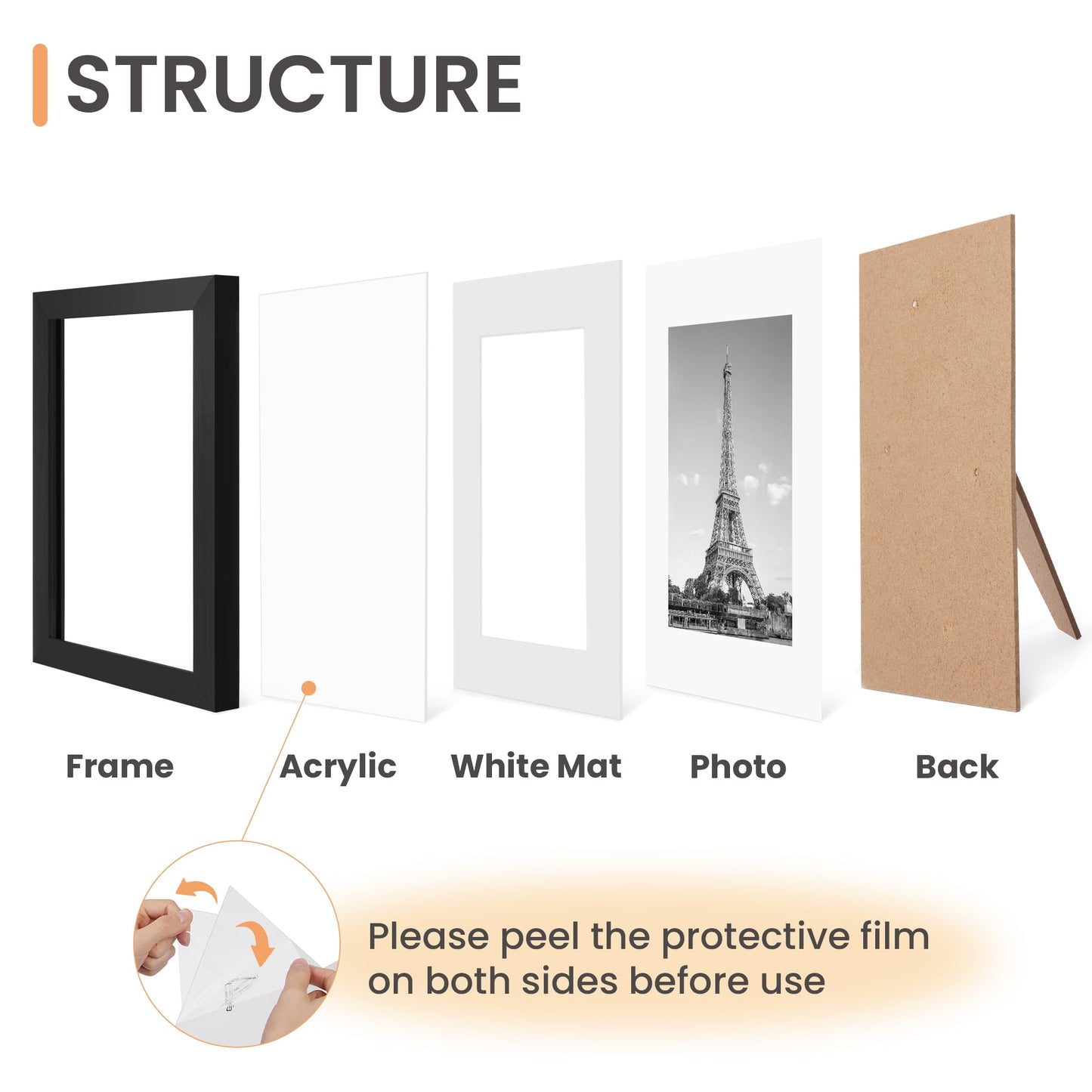 upsimples 8.5x11 Picture Frame Set of 10, Display Pictures 6x8 with Mat or 8.5x11 Without, Multi Photo Frames Collage for Wall or Tabletop Display, Black