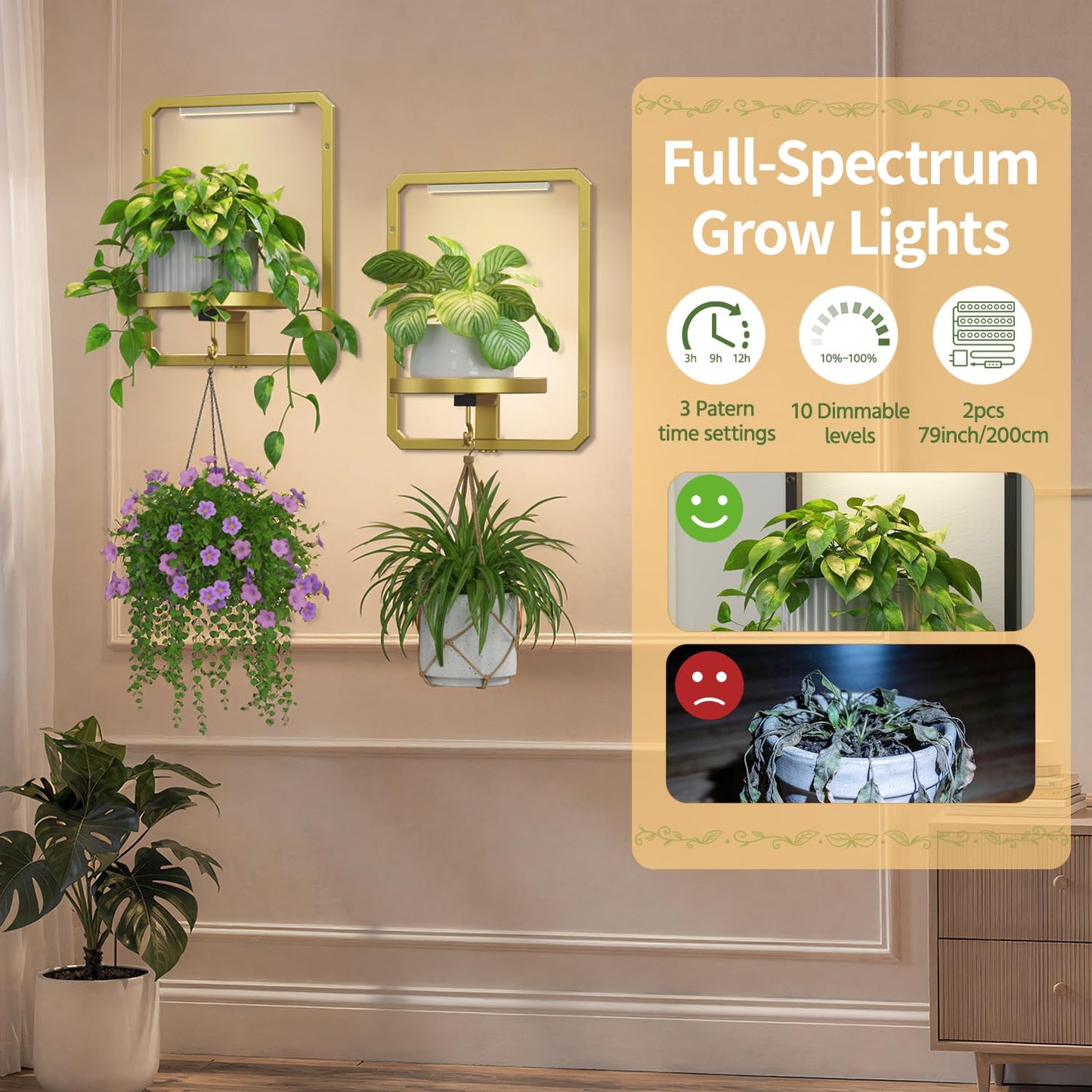 LASZOLA Plant Picture Frame Holder Wall Mount Indoor Window with 2 Grow Light, 2 Pack Modern Floating Flower Stand Shelf with Hooks, Metal Hanger Display Decor for Living Room, Gold