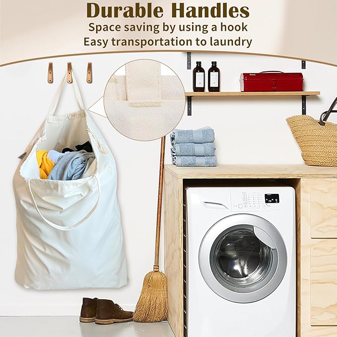 Canvas Laundry Bag with Handles & Drawstring Closure 27.5”x35", Thick Cotton Laundry Bag Large Heavy Duty Washable Dirty Clothes Travel Sack for Camp, College Dorm, Laundromat (Beige L, 2 Pack)