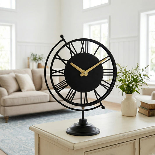 EMAX HOME Unique Globe Black Table Clock, Silent Non-Ticking Desk Clock Battery Operated, 10.8 Inch Vintage Mantel Shelf Clock with Roman Numerals for Living Room Decor, Bedroom Nightstand & Office